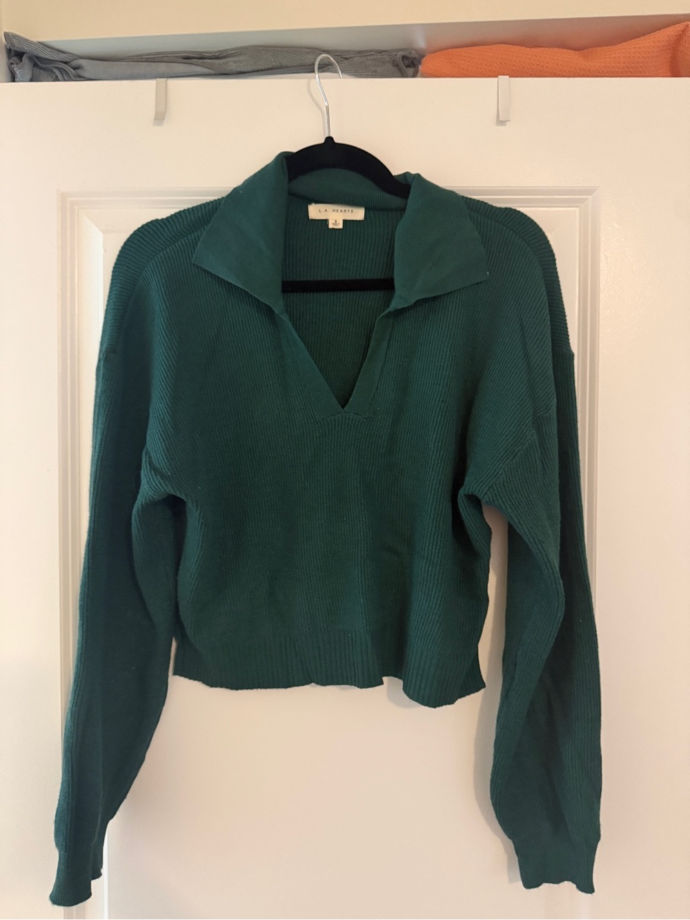 La Hearts Dark Teal Ribbed Cropped V-Neck Sweater
